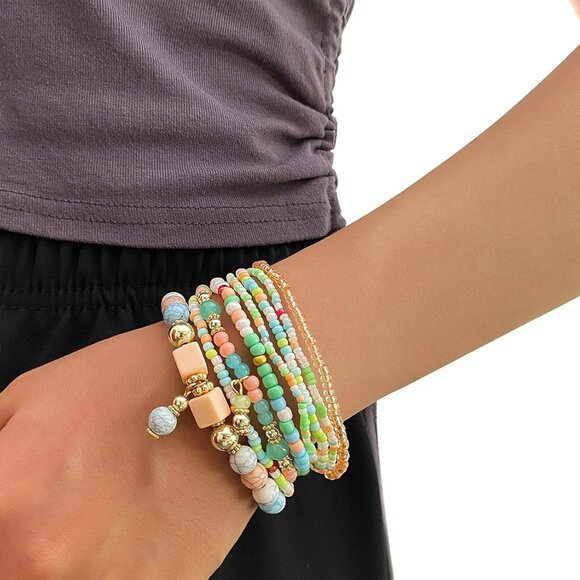 8PCS Beaded Bracelets for Women, Multilayered Stackable Strand Stretch Bead Brac - Picture 3 of 9